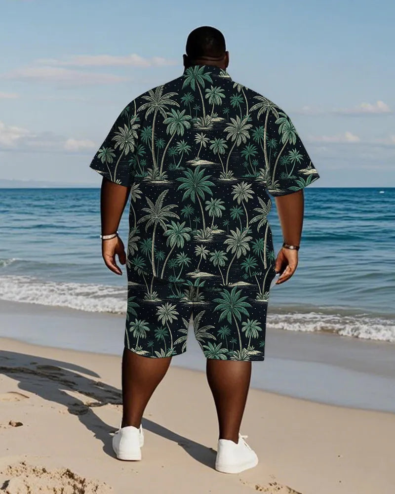 Big & Tall Black Green Hawaiian T-Shirt Shorts Set for big men view 4