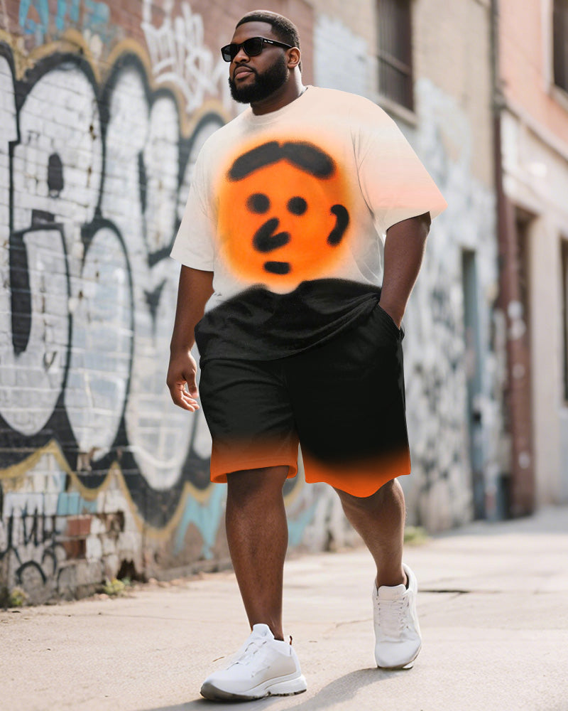 Big & Tall Orange Graphic Graffiti T-Shirt Shorts Set for big men view 1