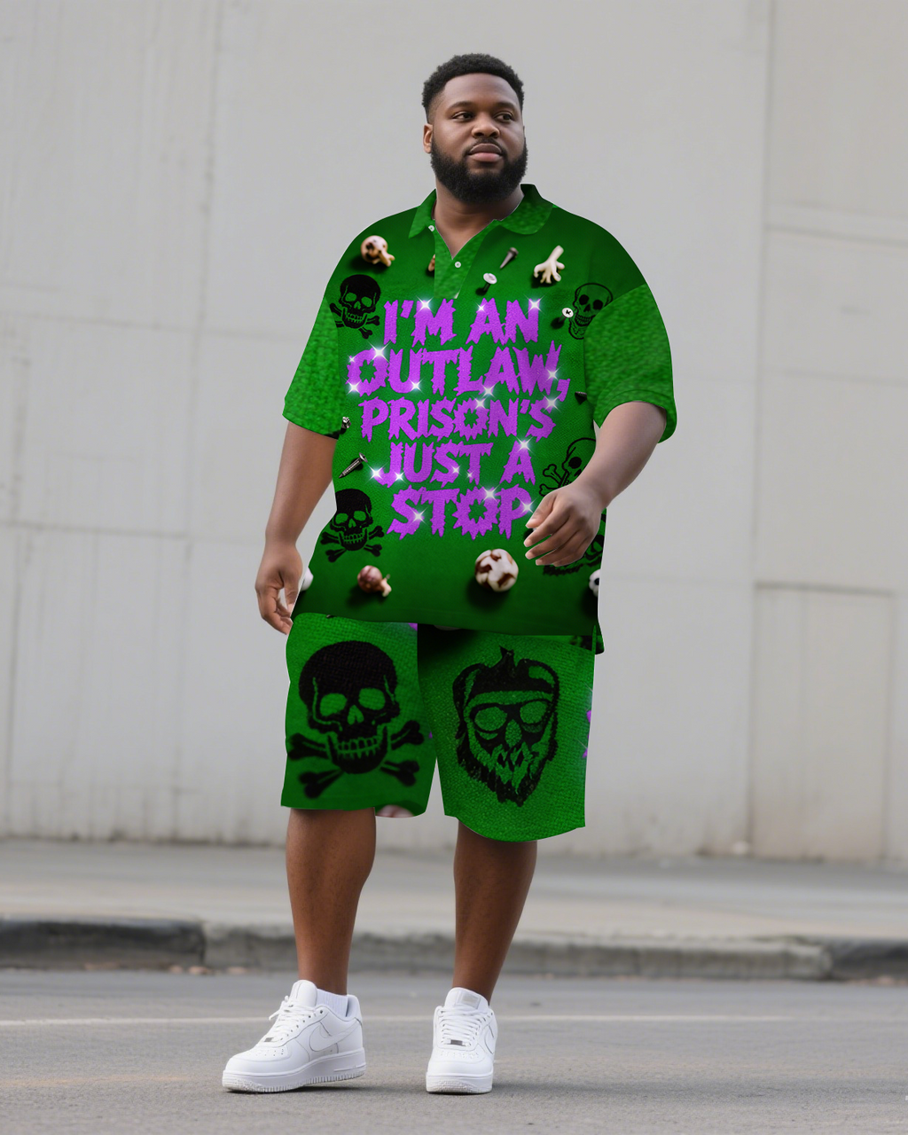 Big & Tall Graphic Skull Polo Shorts Set for big men view 1