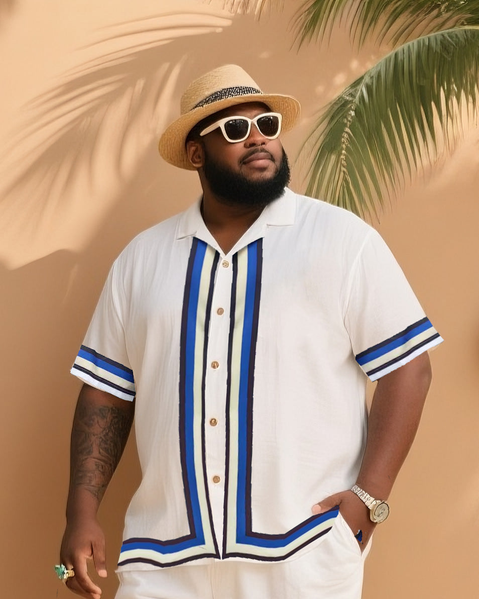 Big & Tall White Blue Striped T-Shirt Shorts Set for big men view 2