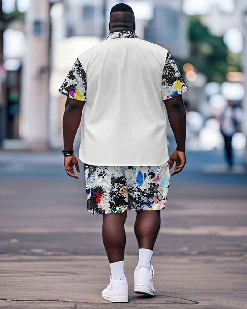 Big & Tall White Graphic Graffiti T-Shirt Shorts Set for big men view 4