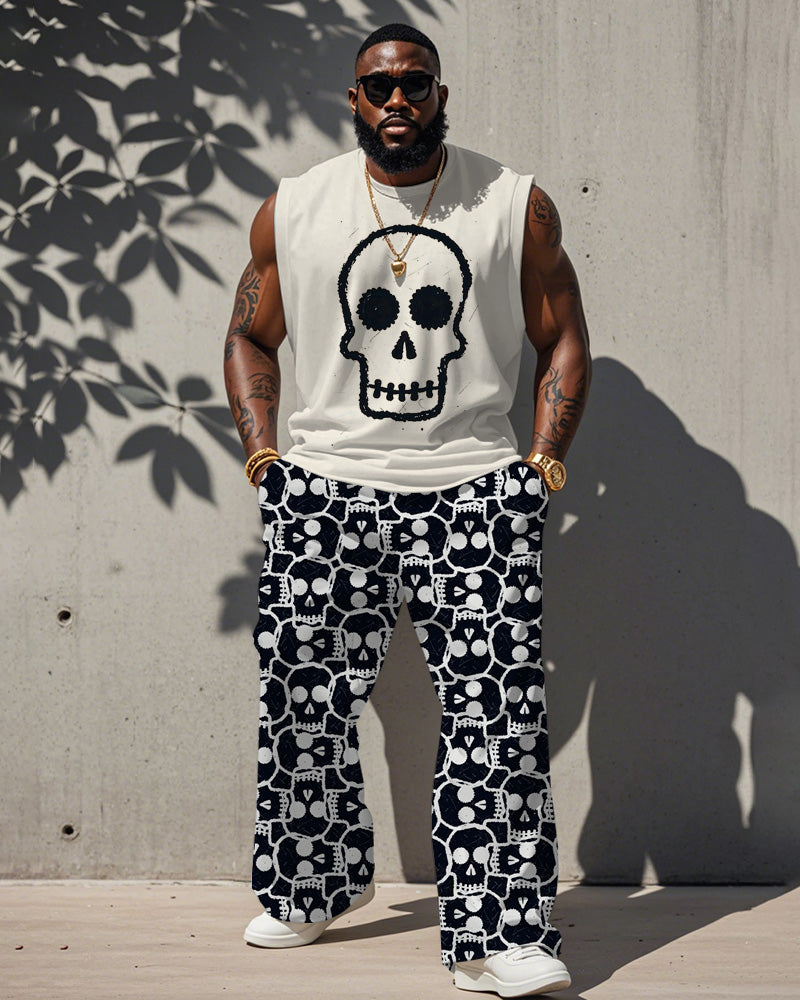Big & Tall Graphic Streetwear Skull Vest Pants Set for big men view 1
