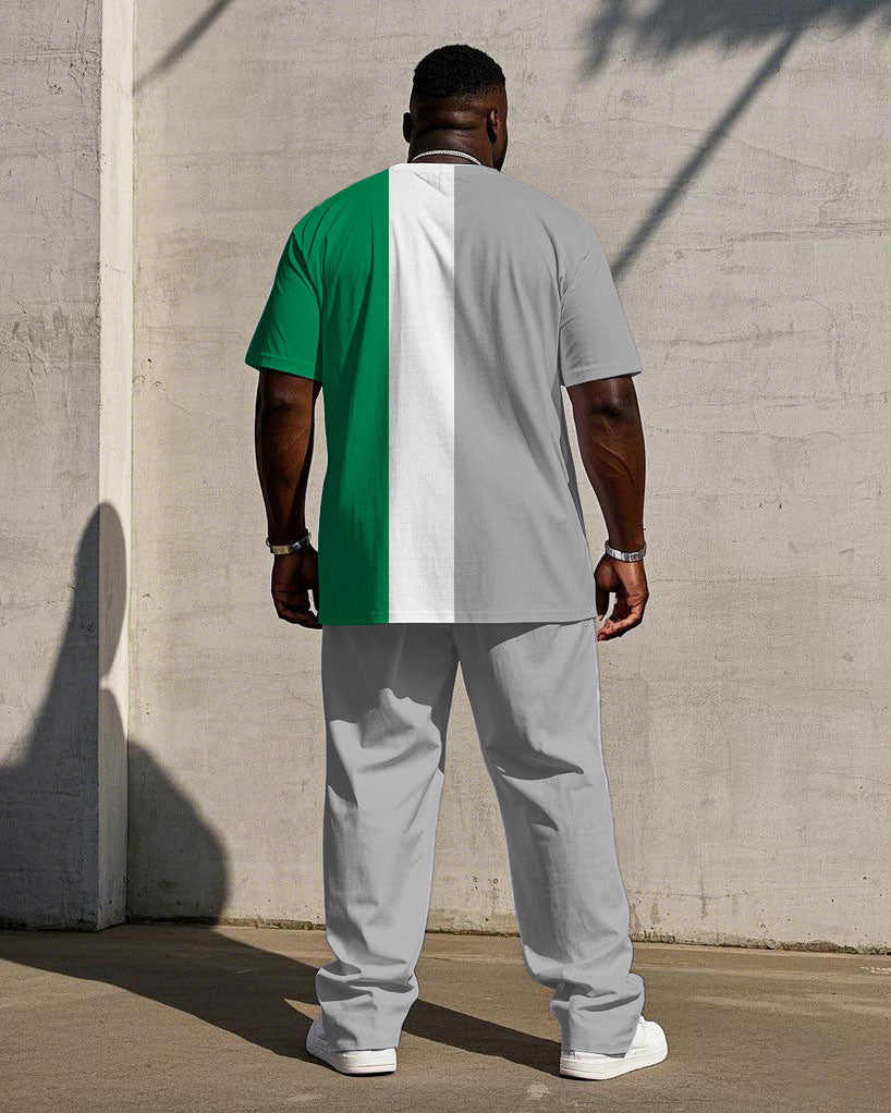Big & Tall White Green Colorblock T-Shirt Pants Set for big men view 4
