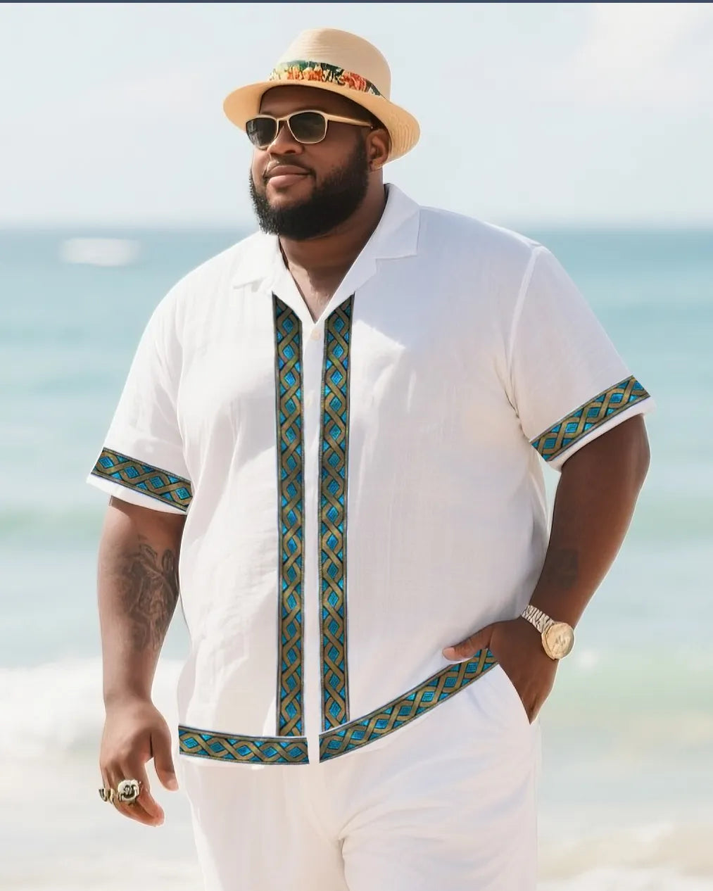 Big & Tall White Green Striped T-Shirt Shorts Set for big men view 2