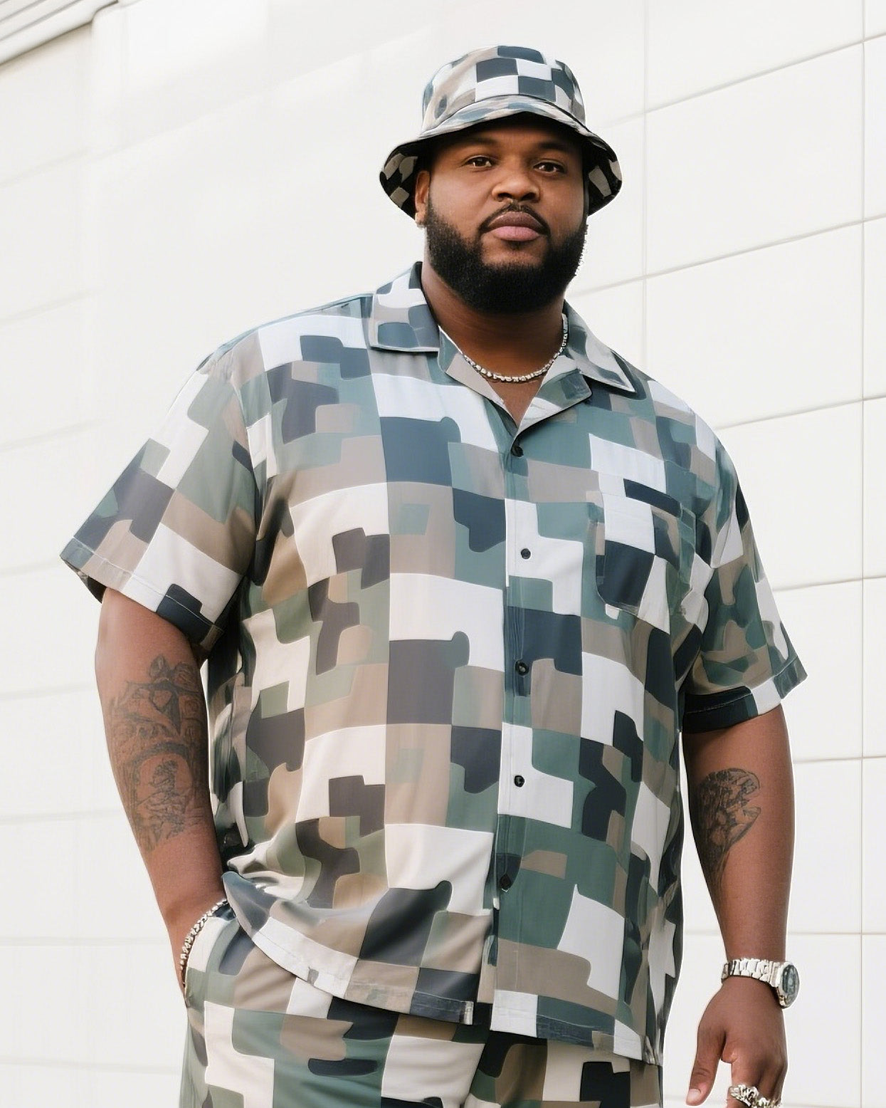 Big & Tall Plaid Camouflage T-Shirt Shorts Set for big men view 1