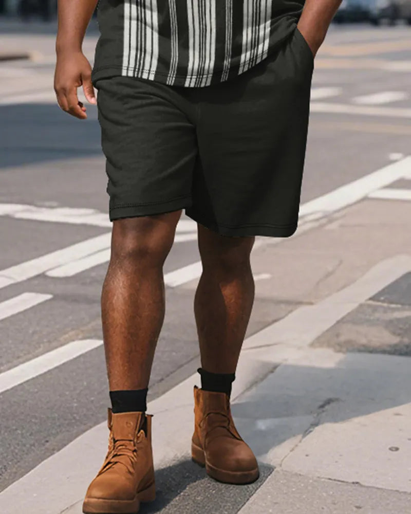 Big & Tall Black Striped Graphic Polo Shorts Set for big men view 4
