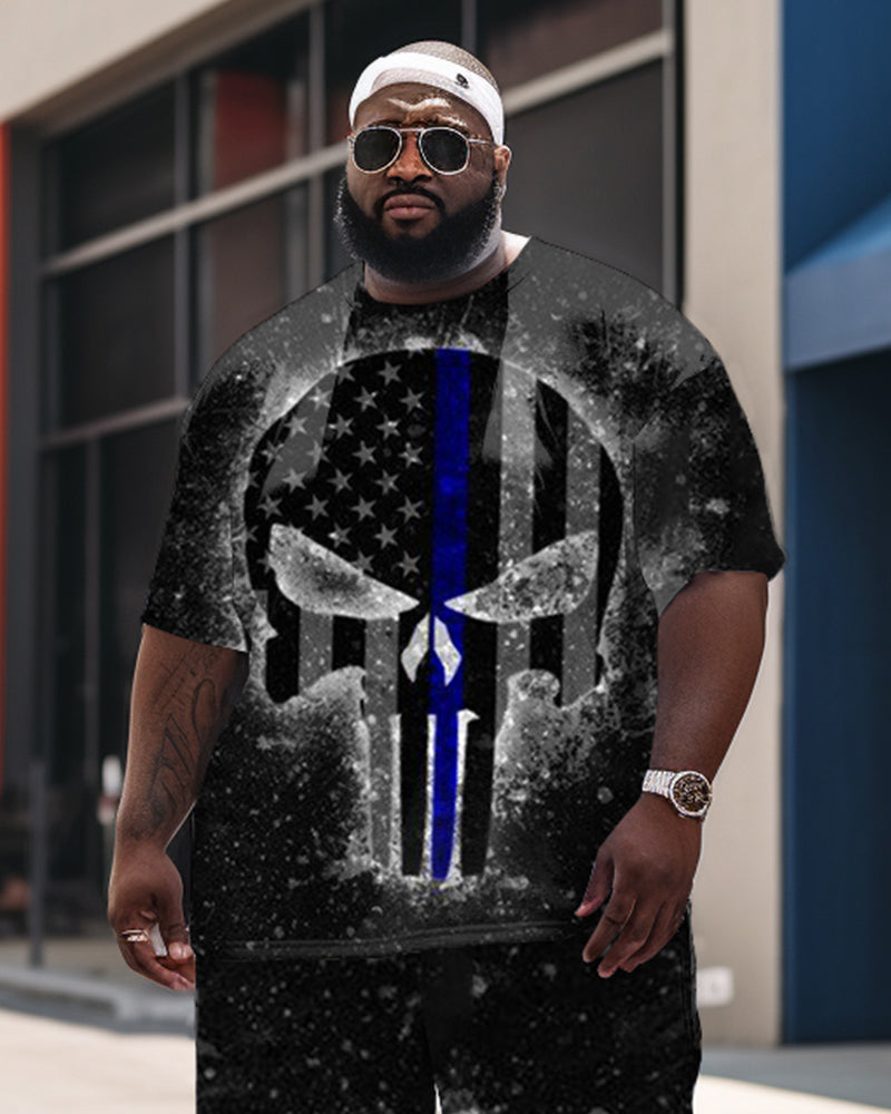 Big & Tall Blue Graphic Skull T-Shirt Shorts Set for big men view 2