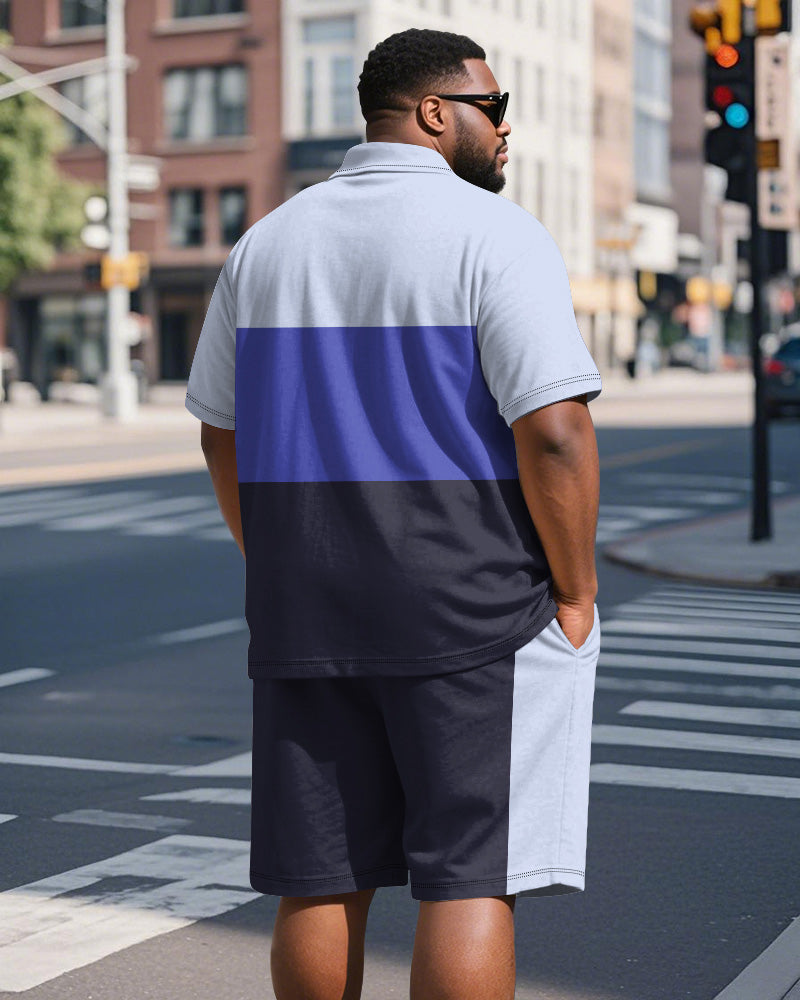 Big & Tall Purple Colorblock Striped Polo Shorts Set for big men view 5