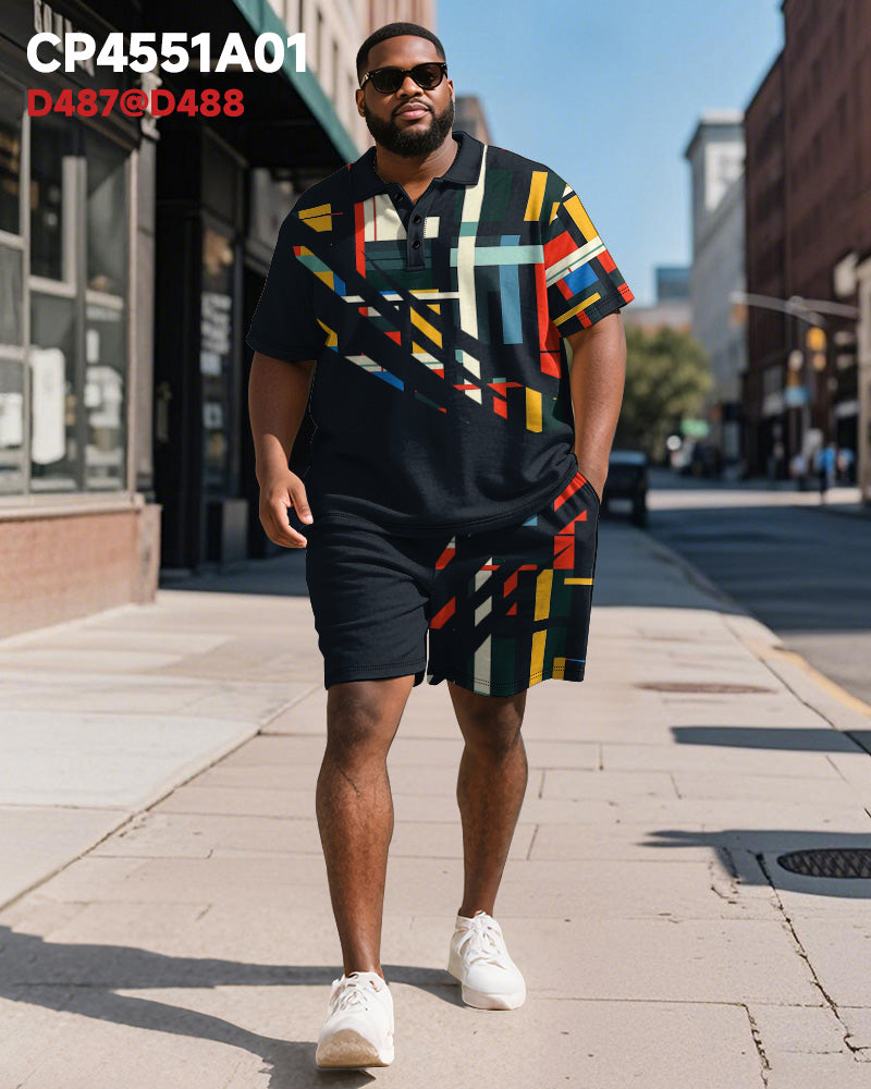 Big & Tall Black Geometric Graphic Polo Shorts Set for big men view 2