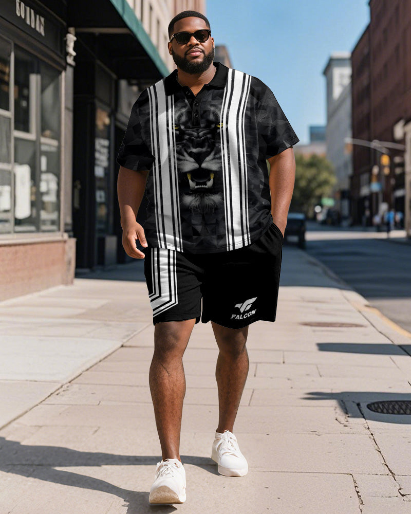 Big & Tall Black Striped Graphic Polo Shorts Set for big men view 1