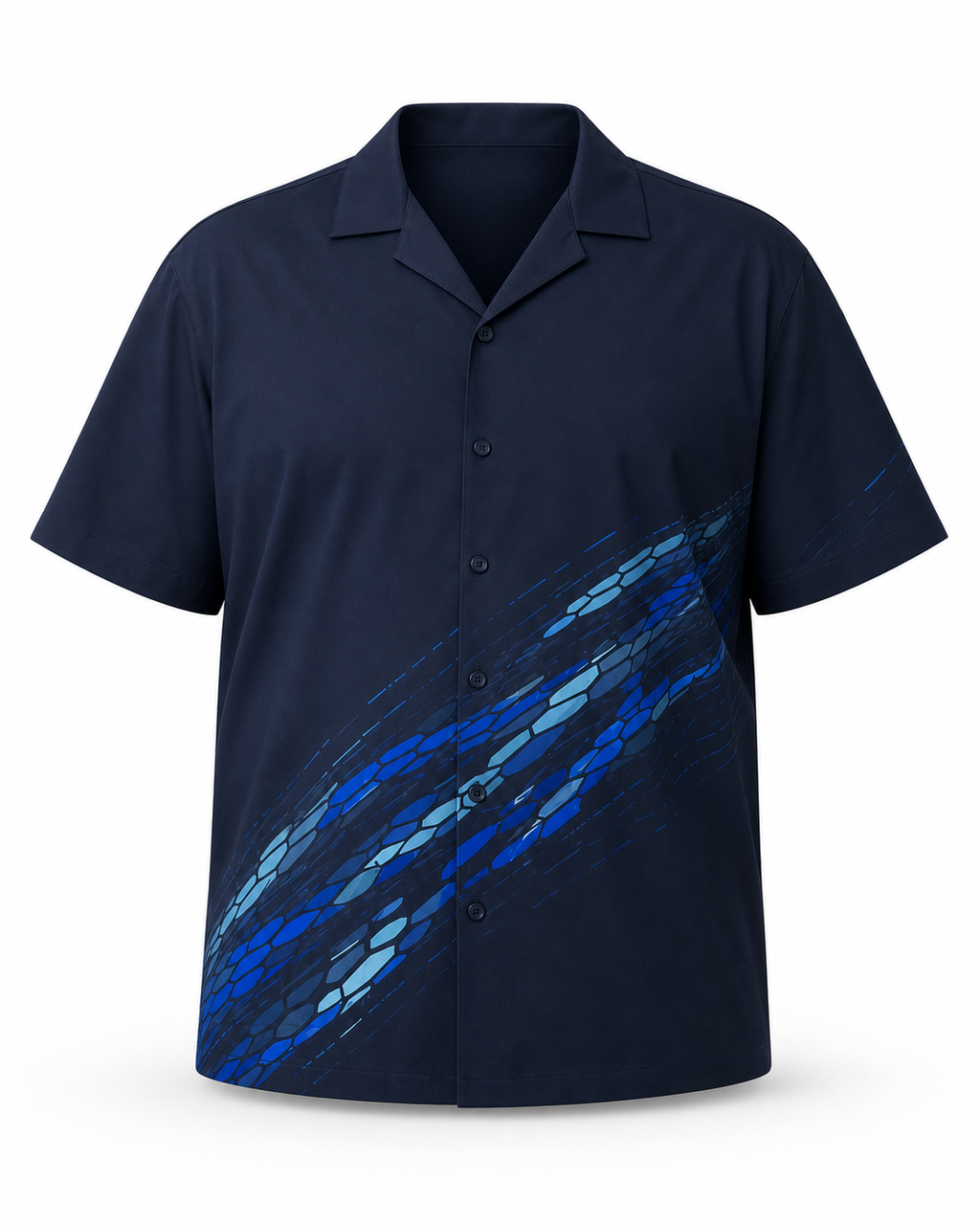 Glacier Current navy camp-collar short-sleeve shirt with blue diagonal current print, front view