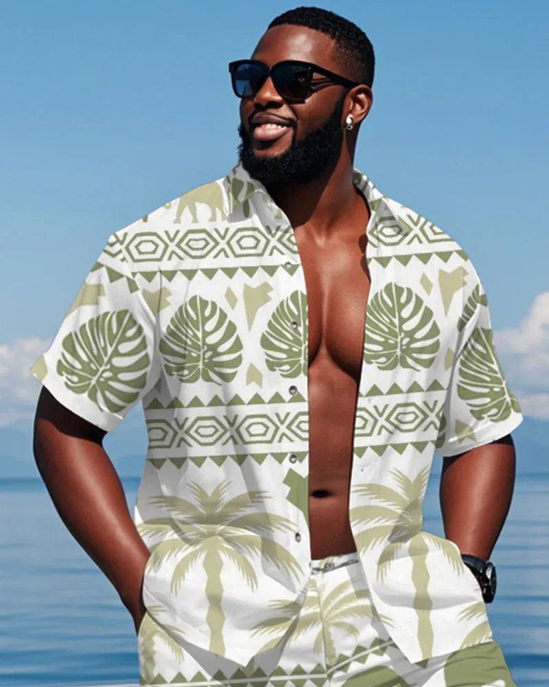 Big & Tall Green Hawaiian Tropical T-Shirt Shorts Set for big men view 2