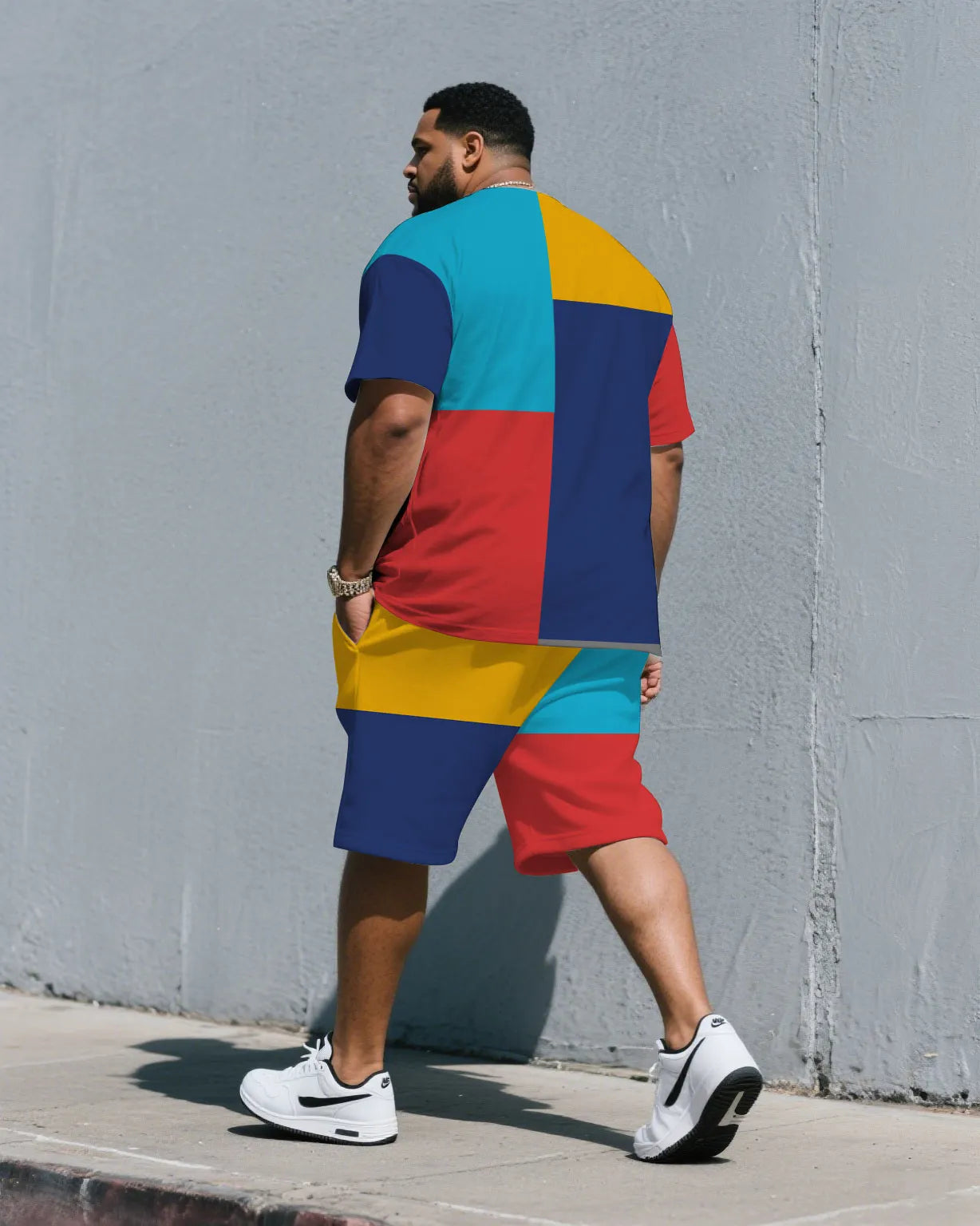 Big & Tall Blue Red Colorblock T-Shirt Shorts Set for big men view 4