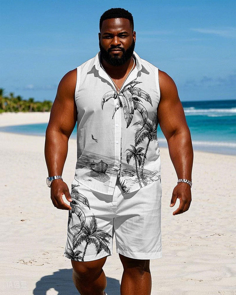 Big & Tall White Hawaiian T-Shirt Shorts Set for big men view 1