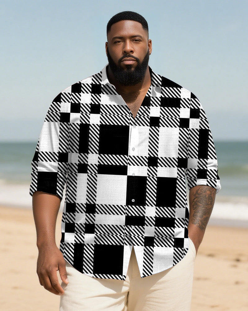 Big & Tall Black White Patchwork Long Sleeve Shirt for big men view 1