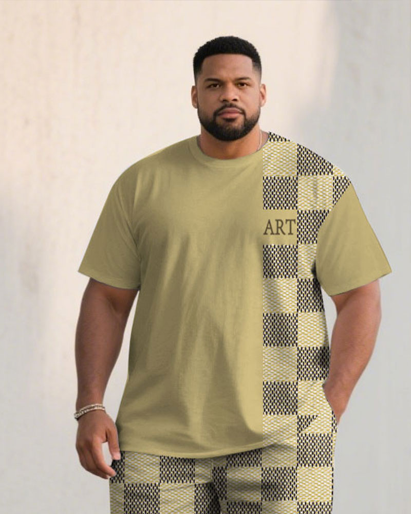 Big & Tall Khaki Patchwork T-Shirt Shorts Set for big men view 2