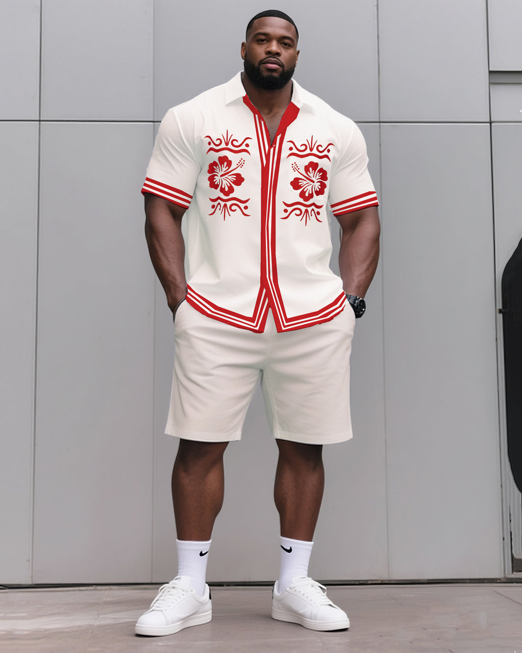 Big & Tall White Red Floral T-Shirt Shorts Set for big men view 1