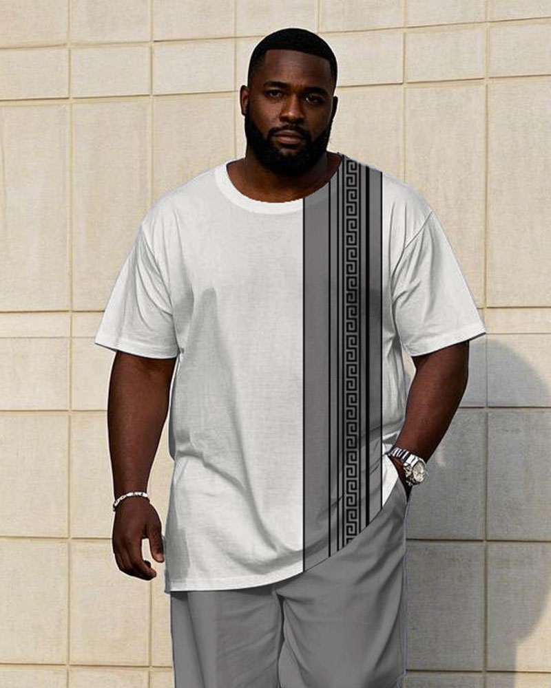 Big & Tall White Gray Patchwork T-Shirt Pants Set for big men view 2