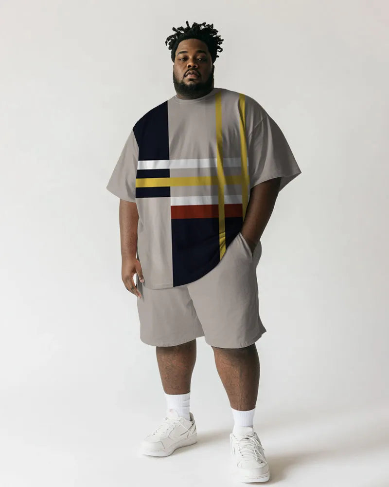 Big & Tall Khaki Striped Graphic T-Shirt Shorts Set for big men view 1