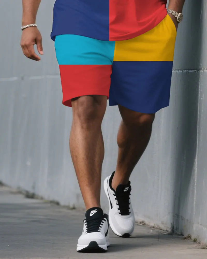 Big & Tall Blue Red Colorblock T-Shirt Shorts Set for big men view 3