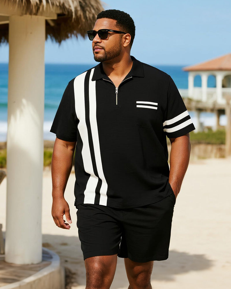 Big & Tall Black Striped Graphic Polo Shorts Set for big men view 1