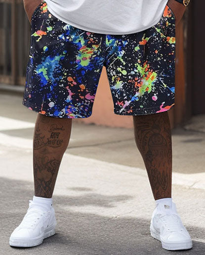Big & Tall Patchwork Streetwear T-Shirt Shorts Set for big men view 4
