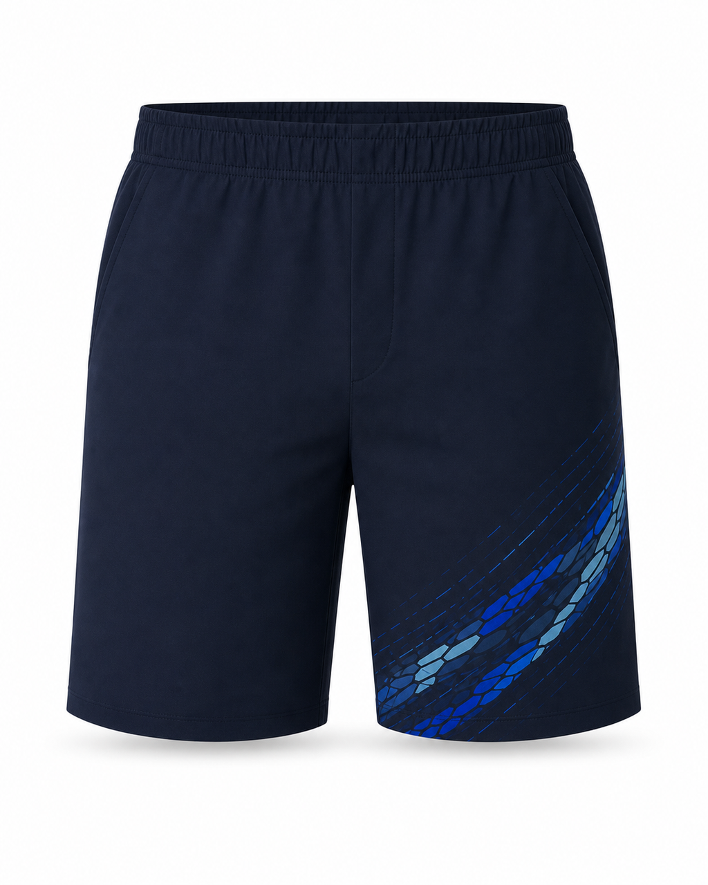 Glacier Current navy relaxed shorts with blue asymmetric current print, front view