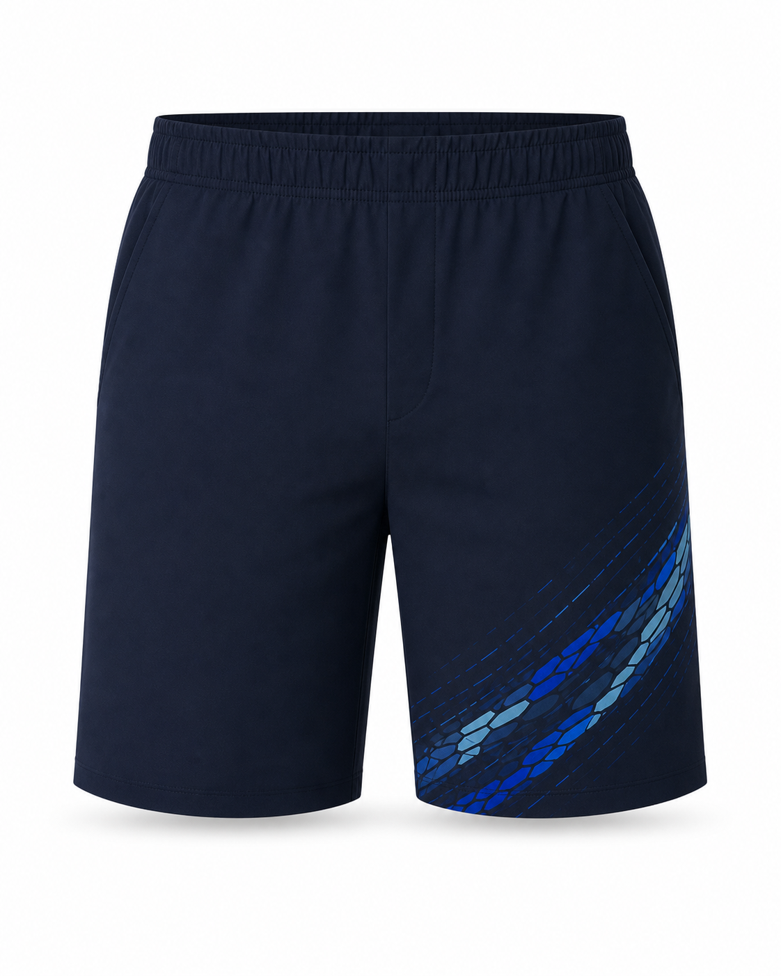 Glacier Current navy relaxed shorts with blue asymmetric current print, front view