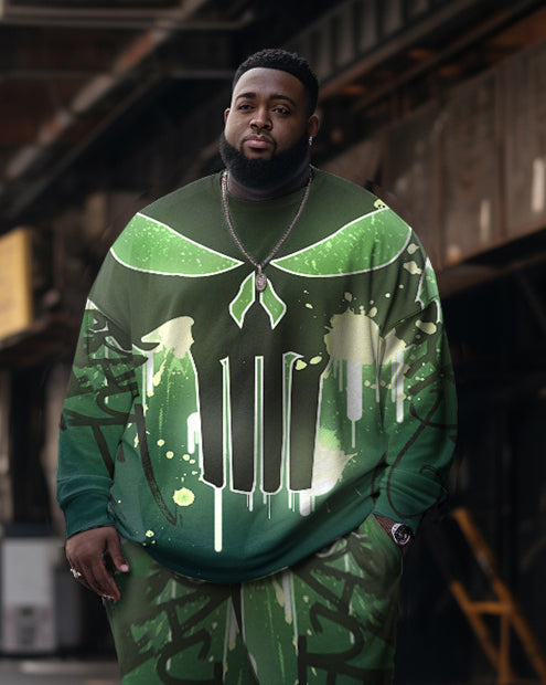 Big & Tall Green Graffiti Skull Hoodie Sweatpants Set for big men view 2