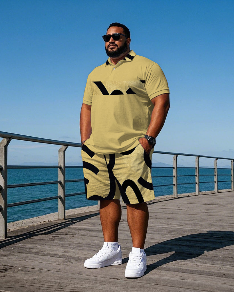Big & Tall Striped Graphic Streetwear Polo Shorts Set for big men view 1