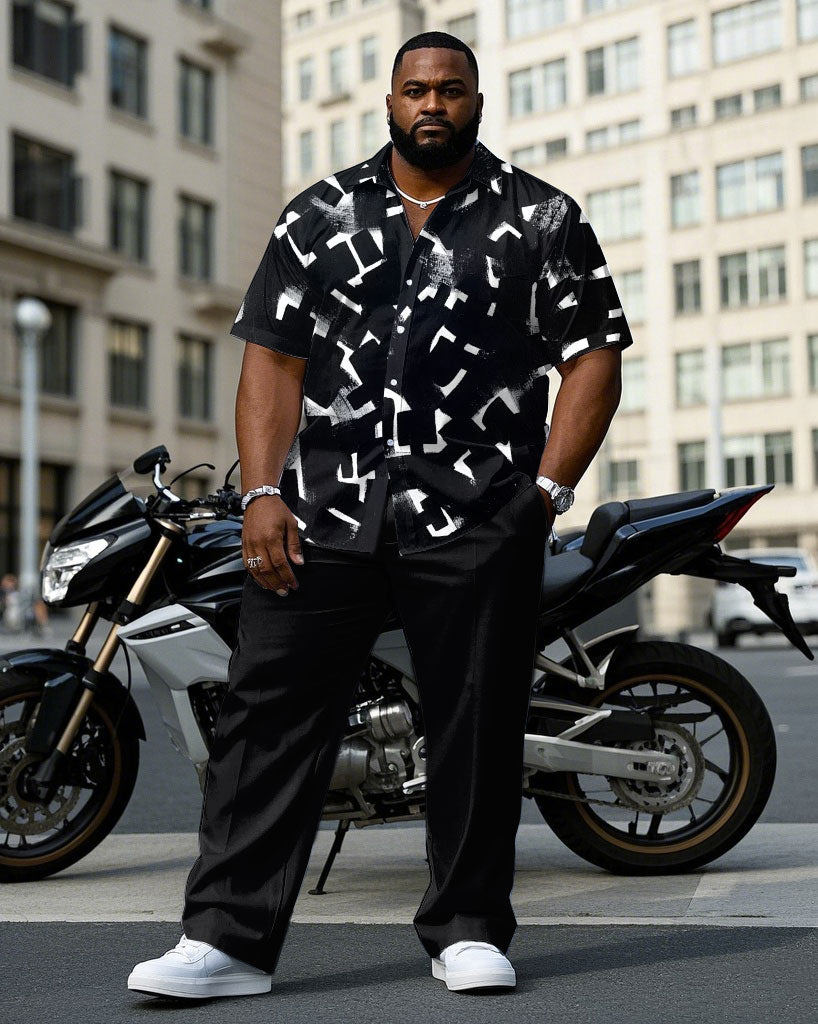Big & Tall Black Geometric Graphic T-Shirt Pants Set for big men view 1