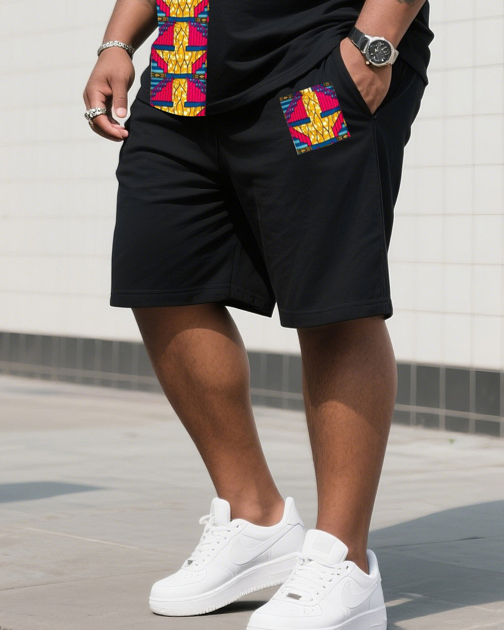 Big & Tall Black Striped Graphic T-Shirt Shorts Set for big men view 3