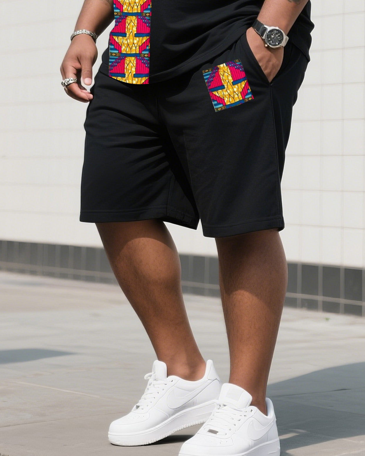 Big & Tall Black Striped Graphic T-Shirt Shorts Set for big men view 3