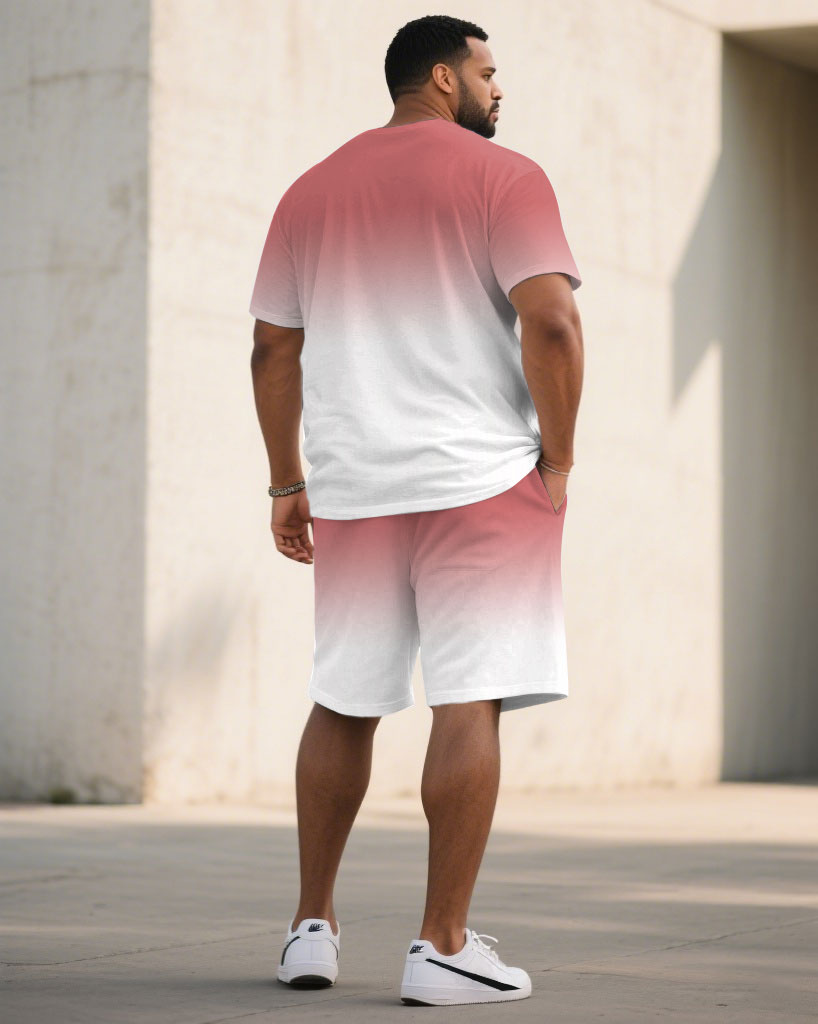 Big & Tall White Pink Gradient T-Shirt Shorts Set for big men view 4