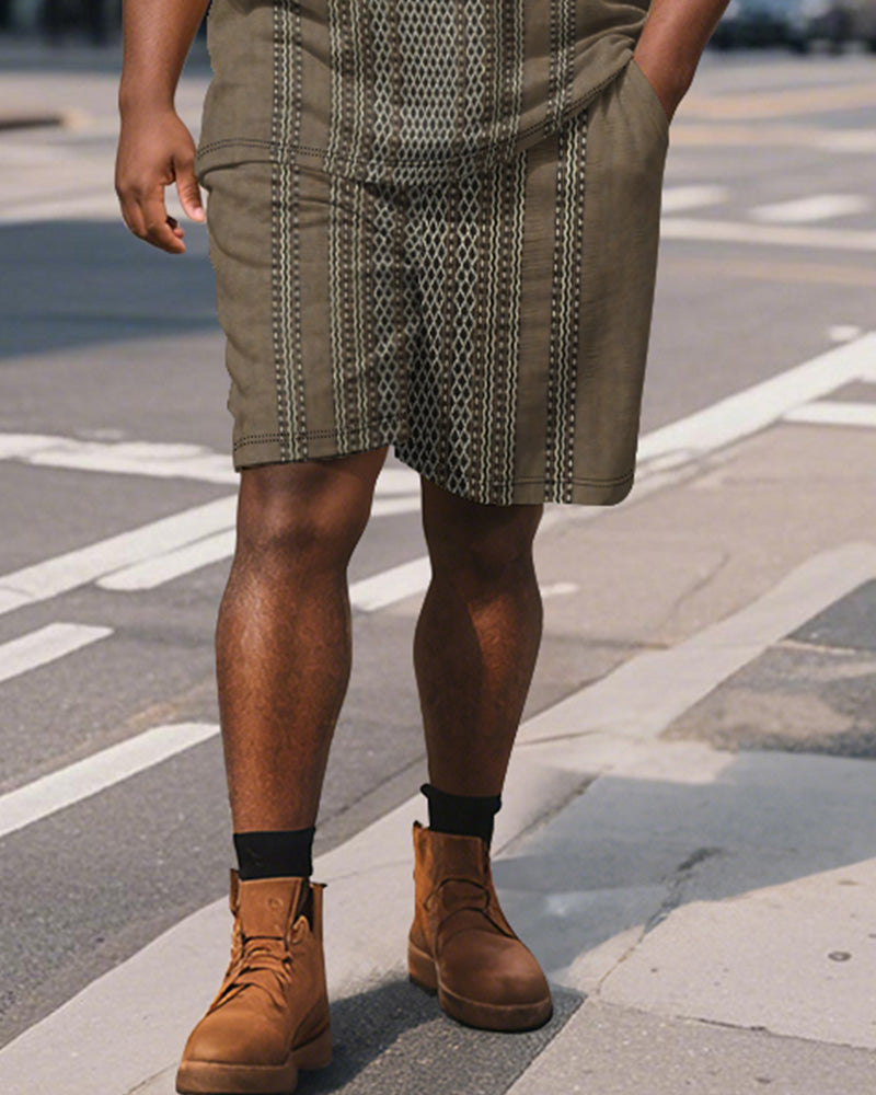 Big & Tall Brown Striped Graphic Polo Shorts Set for big men view 4