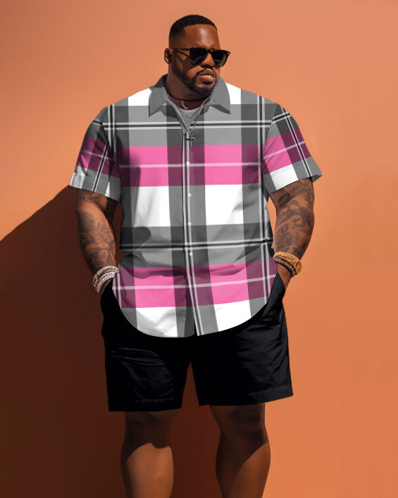 Big & Tall Pink Plaid Graphic T-Shirt Shorts Set for big men view 1