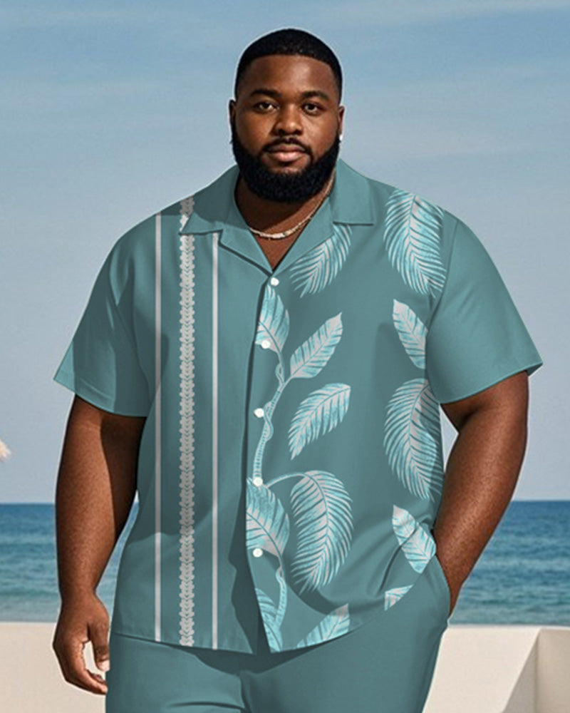 Big & Tall Blue Hawaiian Striped T-Shirt Shorts Set for big men view 2