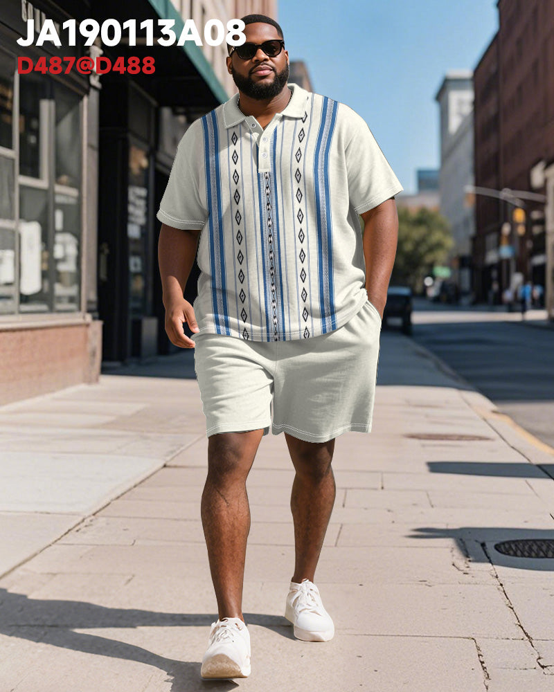 Big & Tall Blue Striped Graphic Polo Shorts Set for big men view 2