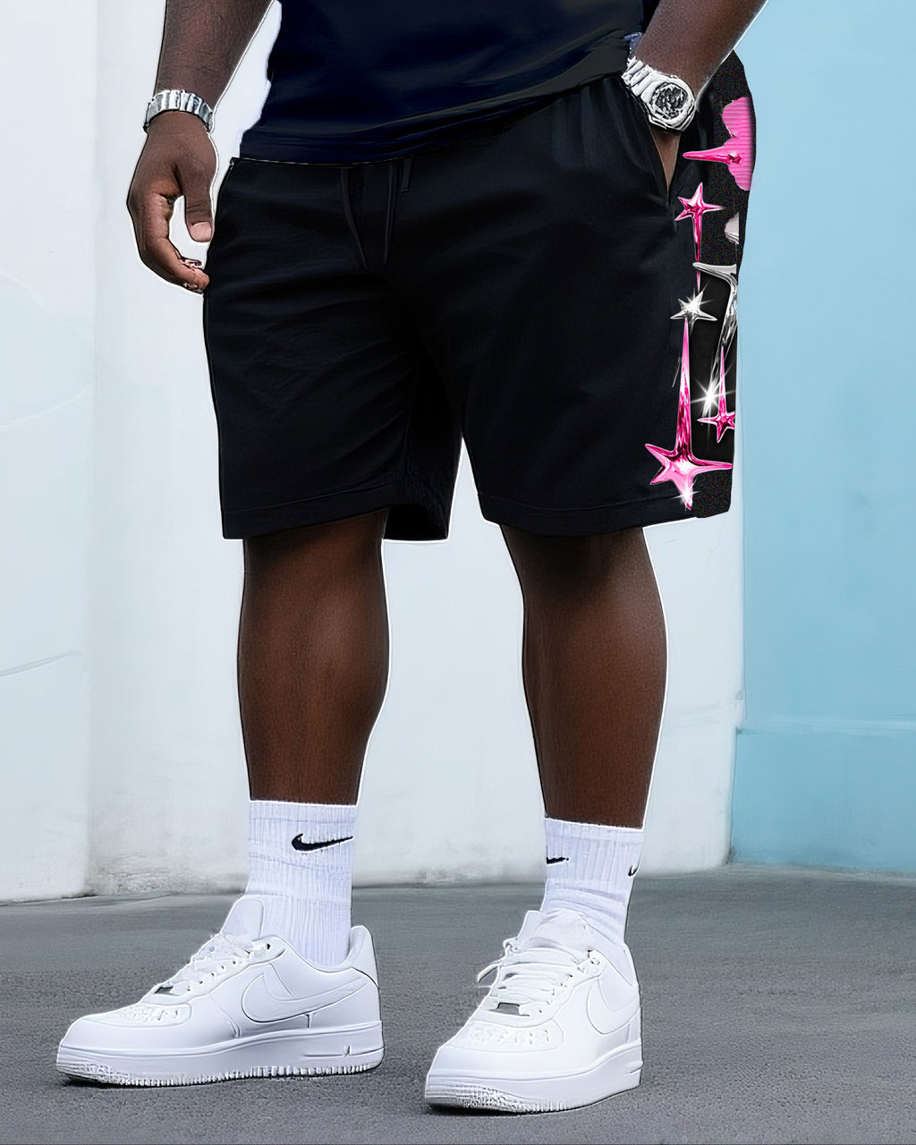 Big & Tall Pink Streetwear T-Shirt Shorts Set for big men view 3