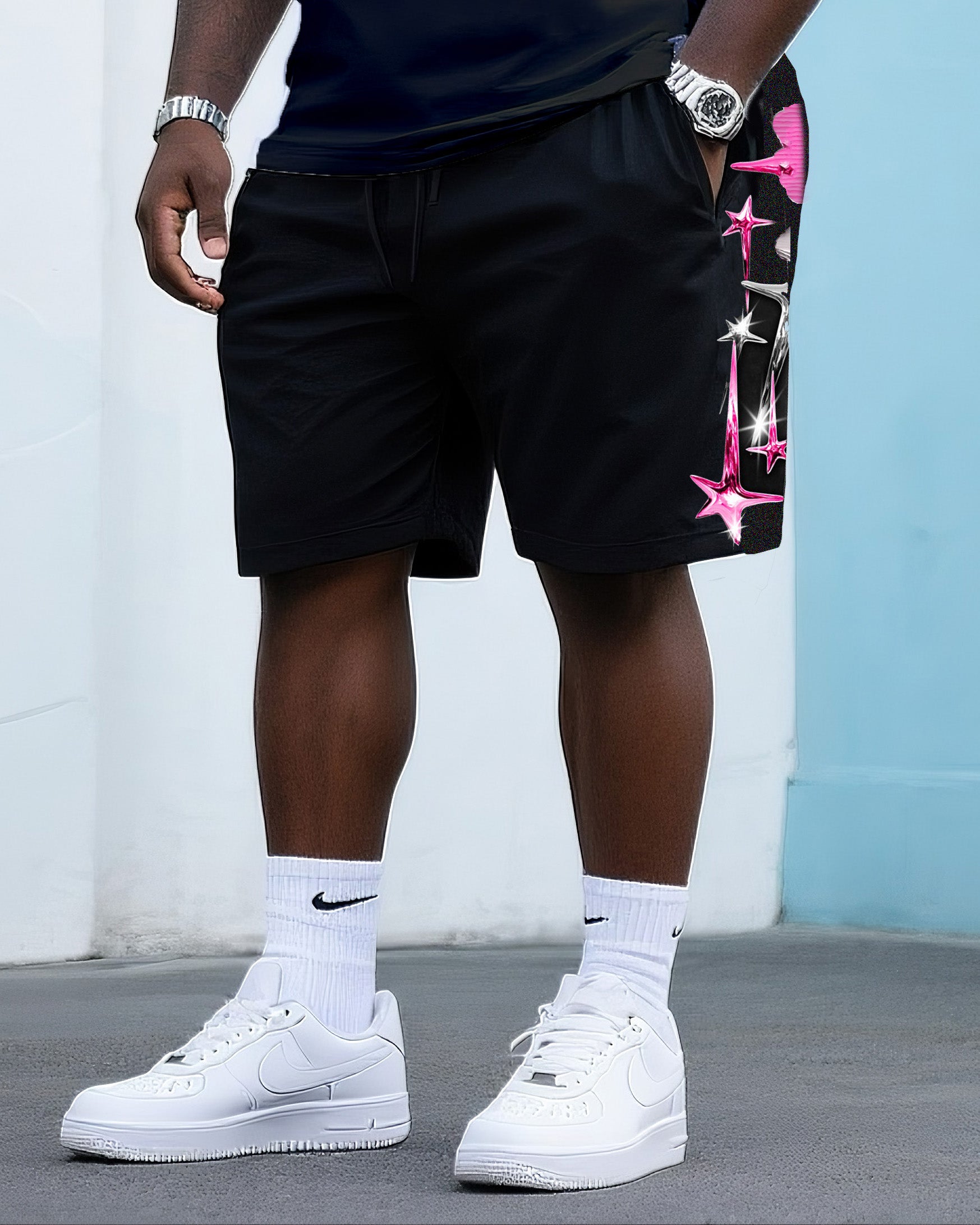 Big & Tall Pink Streetwear T-Shirt Shorts Set for big men view 3