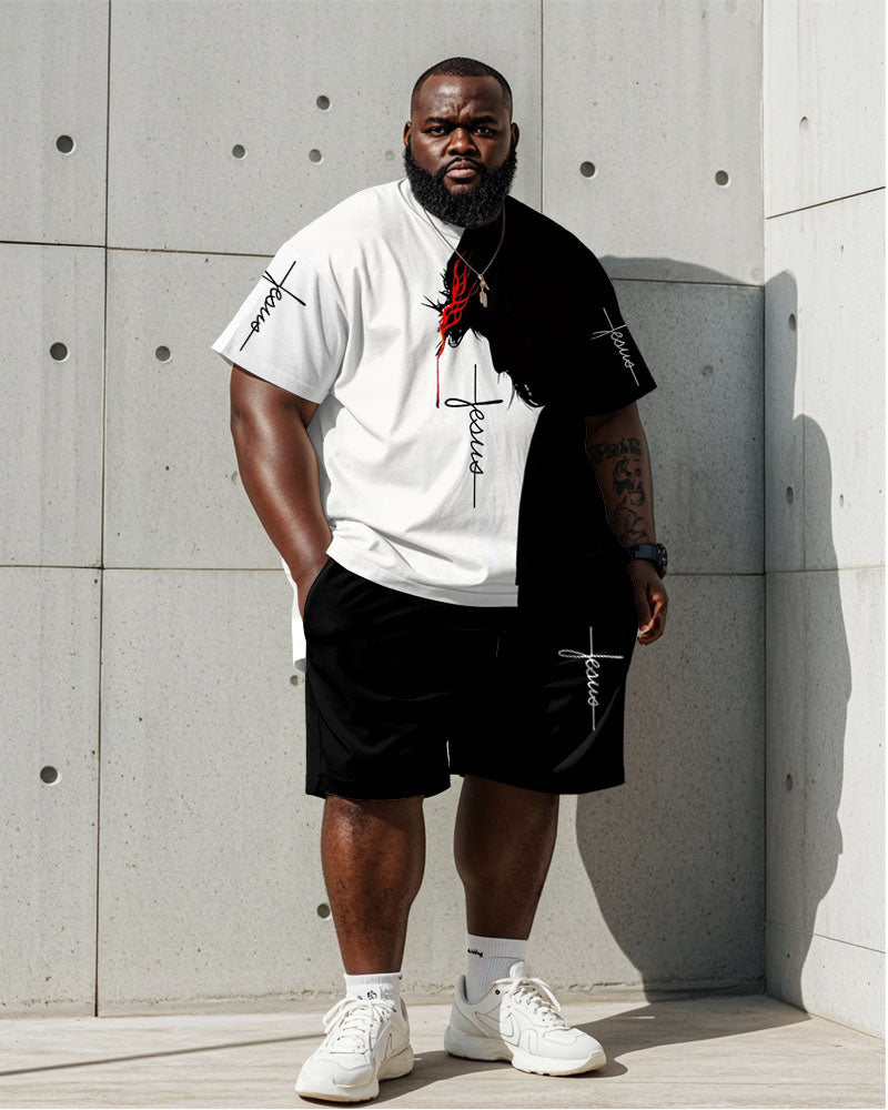 Big & Tall Black White Graphic T-Shirt Shorts Set for big men view 1
