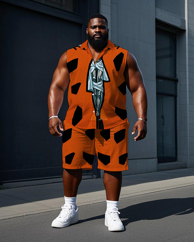 Big & Tall Orange Graphic Vintage T-Shirt Shorts Set for big men view 1