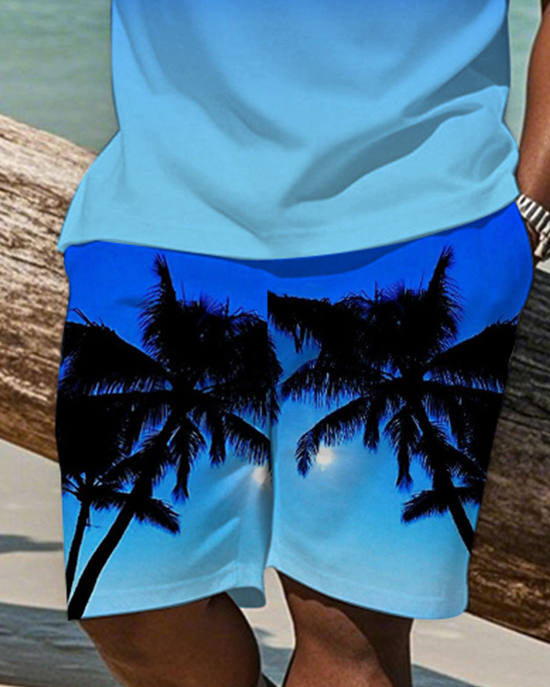 Big & Tall Blue Hawaiian Gradient T-Shirt Shorts Set for big men view 3