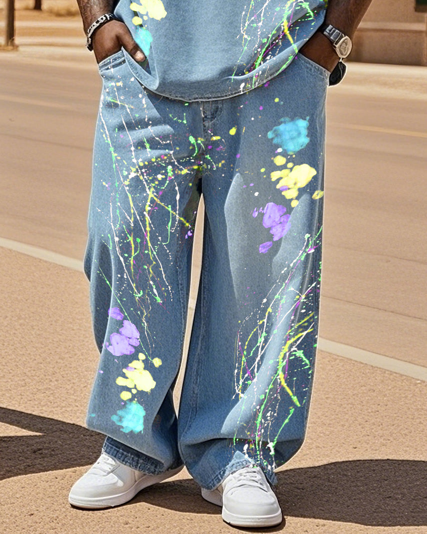 Big & Tall Denim Splash Ink T-Shirt Pants Set for big men view 3