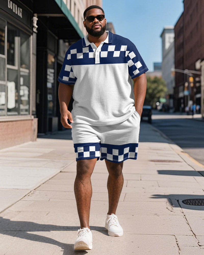 Big & Tall Blue Colorblock Graphic Polo Shorts Set for big men view 2