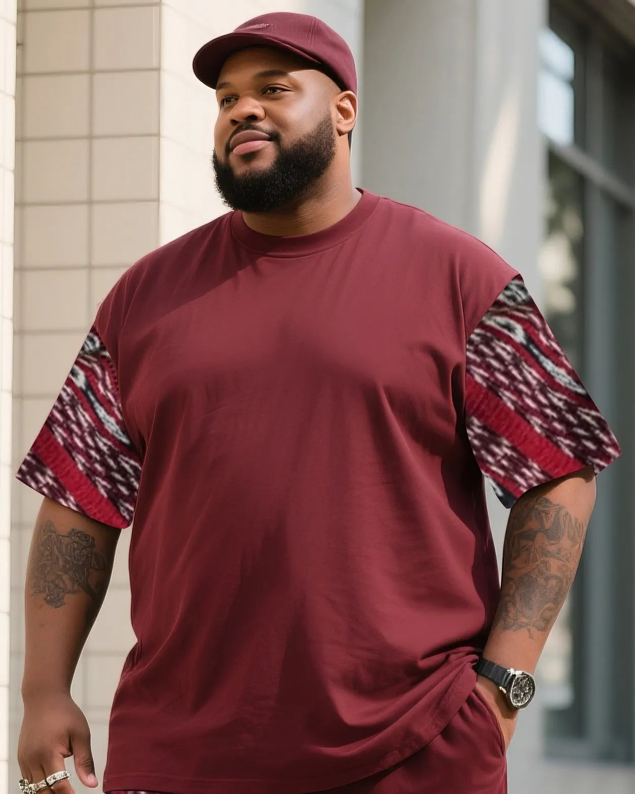 Big & Tall Red Striped Graphic T-Shirt Shorts Set for big men view 2