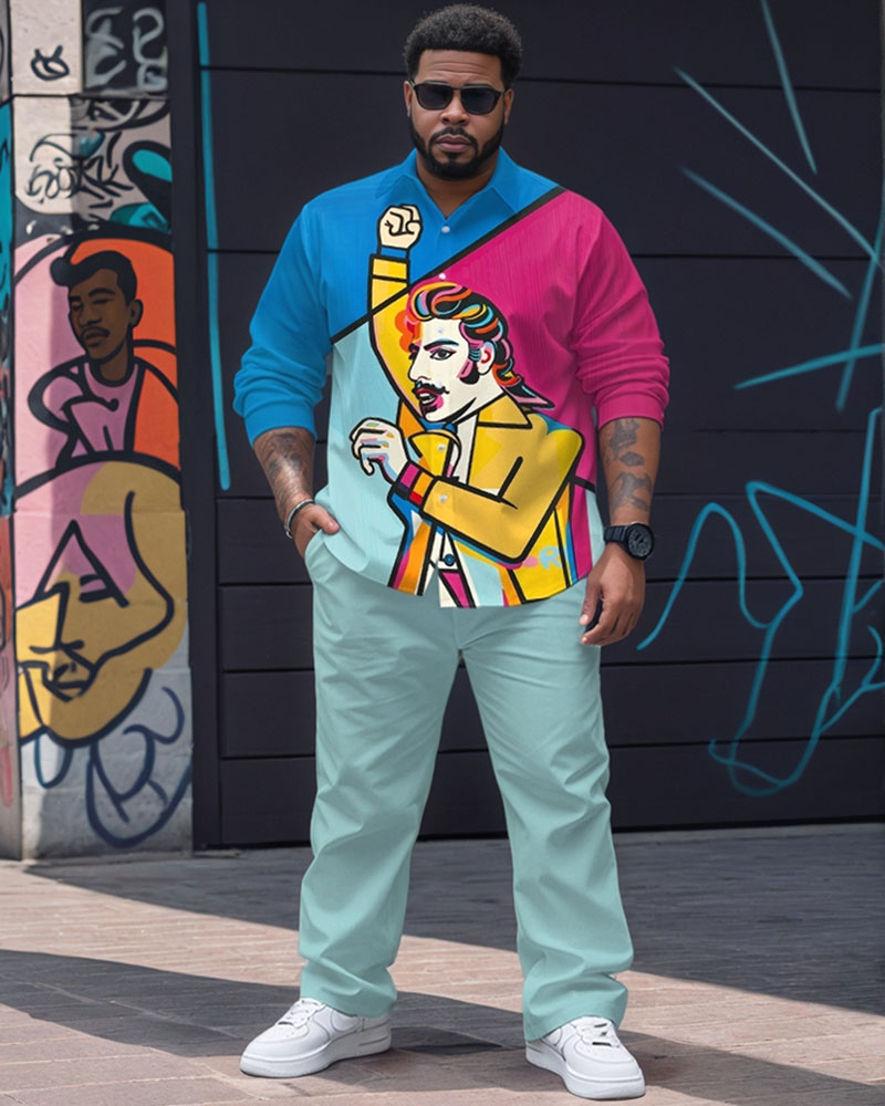 Big & Tall Blue Geometric Graphic T-Shirt Pants Set for big men view 1