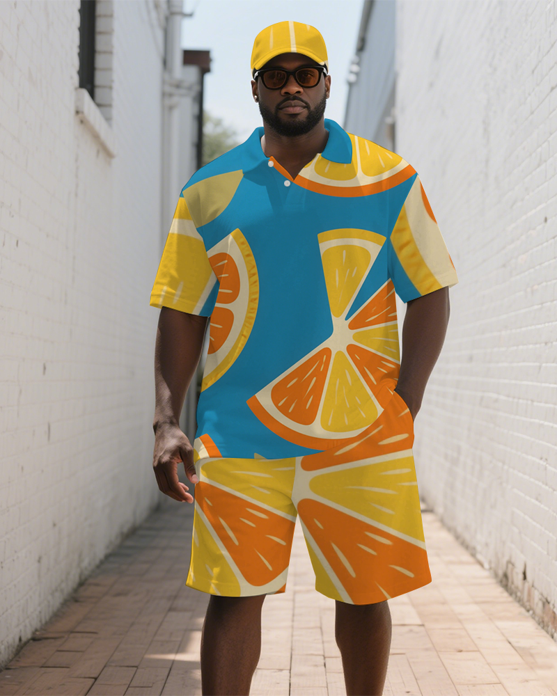 Big & Tall Orange Streetwear Polo Shorts Set for big men view 2