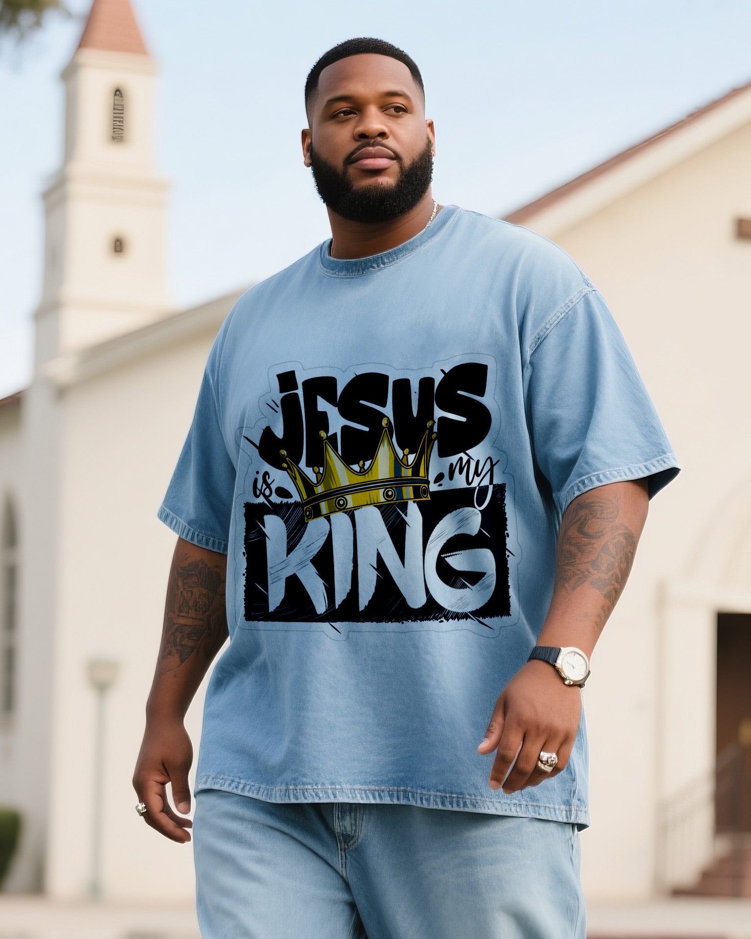 Big & Tall Denim Graphic T-Shirt Pants Set for big men view 2