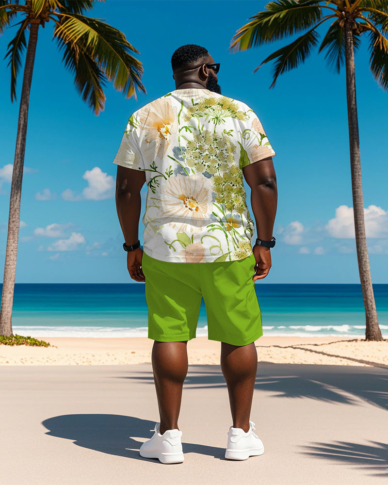 Big & Tall Green Hawaiian Graphic T-Shirt Shorts Set for big men view 4